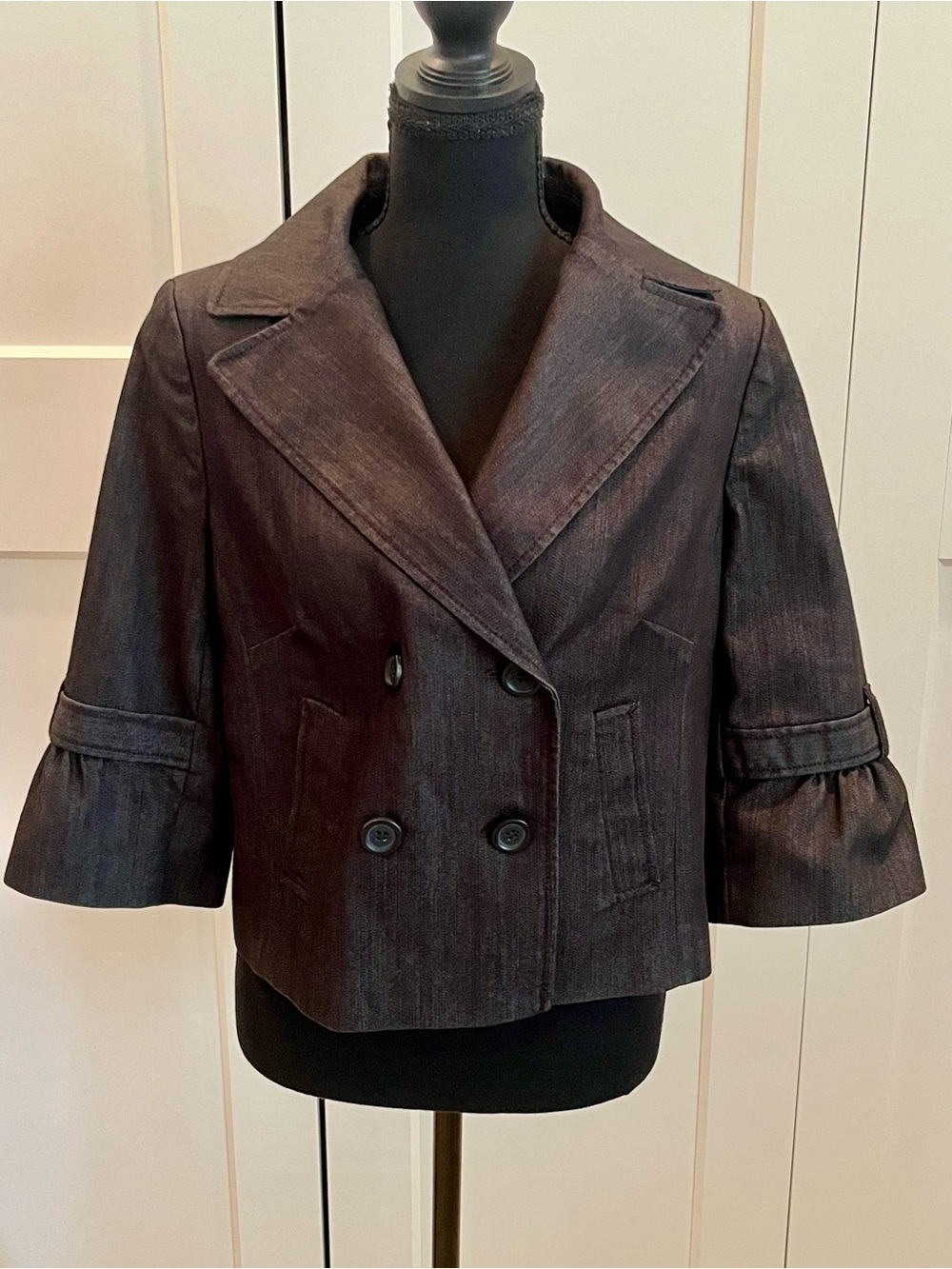 LOFT Black Cropped Double-Breasted Jacket/Blazer w/Ruffle Sleeves Notch Collar